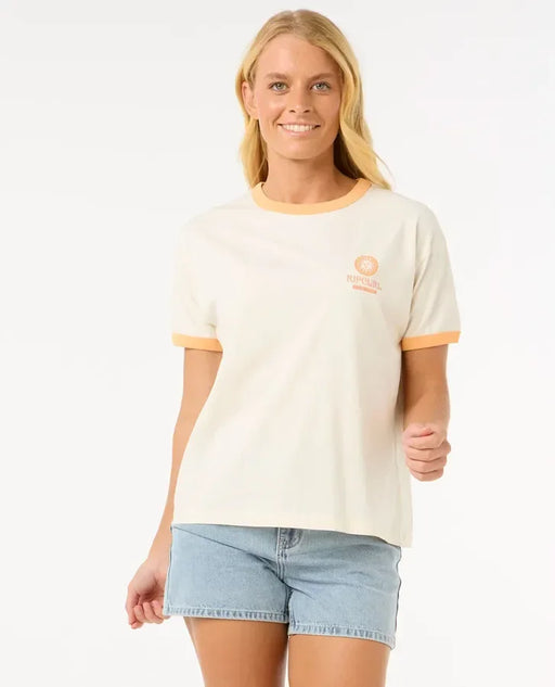 Rip Curl women's ringer tee in bone with orange trim, surf clothing, casual summer wear