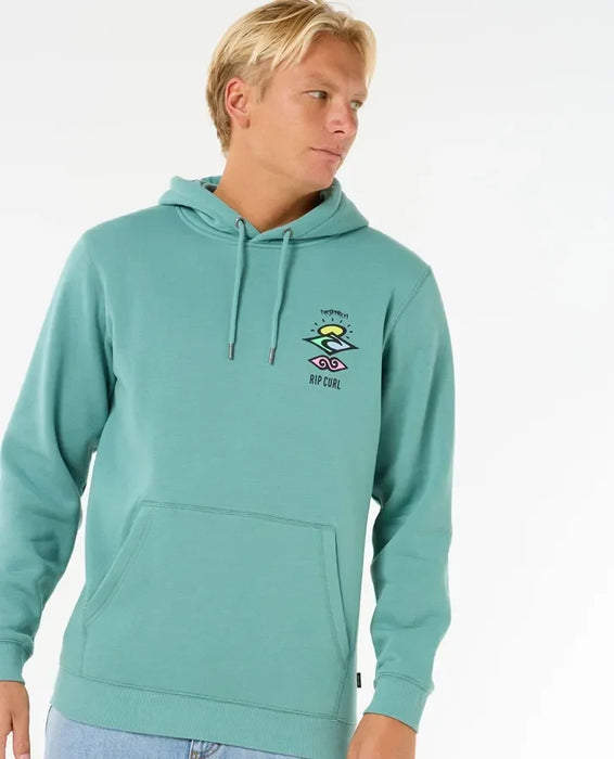 Rip Curl blue lagoon hoody with surf icon graphic, men's surf clothing, front view