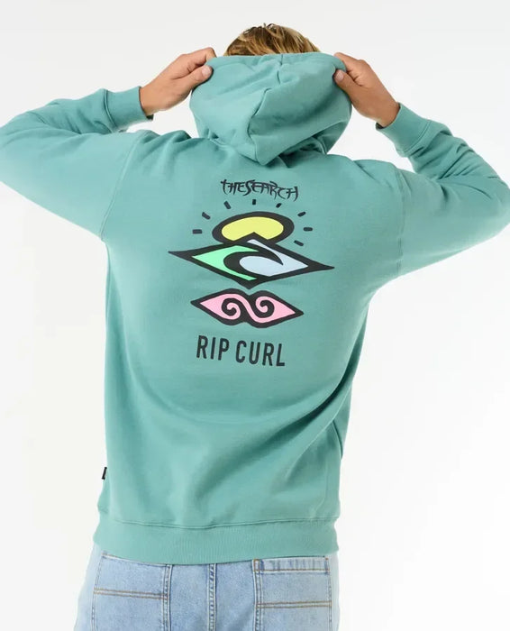 Rip Curl blue lagoon hoody with surf graphic, worn by person facing backwards