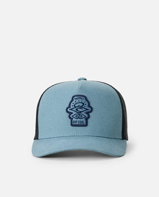 Rip Curl kids trucker cap in faded denim blue with mesh back and embroidered front logo.