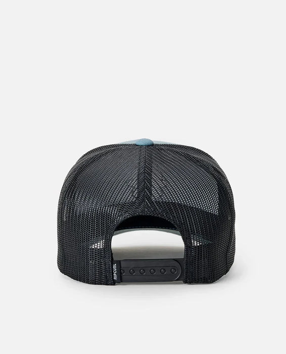 Rip Curl kids trucker cap in faded denim with black mesh back and adjustable strap