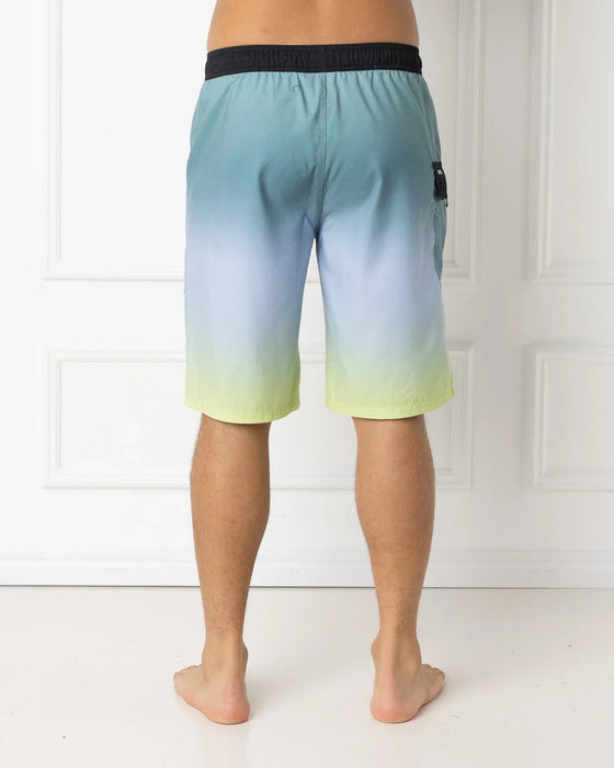 Rip Curl men's boardshorts with blue to yellow gradient, back view, elastic waist