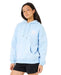 Rip Curl light blue heritage hooded sweatshirt with white logo, worn by woman