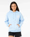 Rip Curl light blue women's surf hoodie with logo, front pouch pocket, and drawstrings