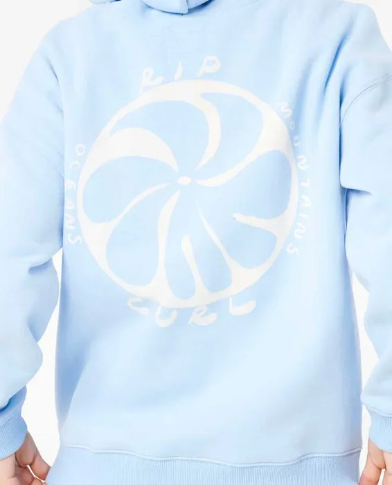 Rip Curl light blue heritage hoodie with large white surf-inspired back print