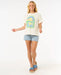 Rip Curl Sun and Sea relaxed bone tee with beach graphic, light denim shorts, sandals