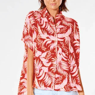 Rip Curl Sun Rays ladies shirt in red with pink tropical leaf print, short sleeves, button up