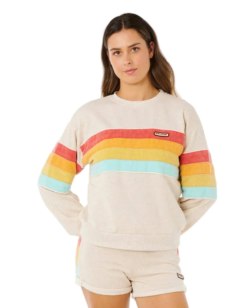 Rip Curl women's oatmeal crew sweatshirt with colourful retro stripes, surf clothing