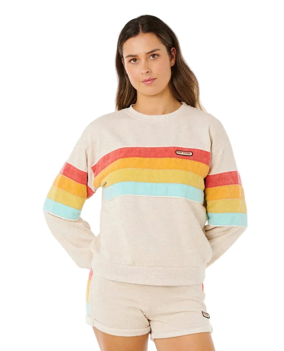 Rip Curl women's oatmeal crew sweatshirt with colourful retro stripes, surf clothing