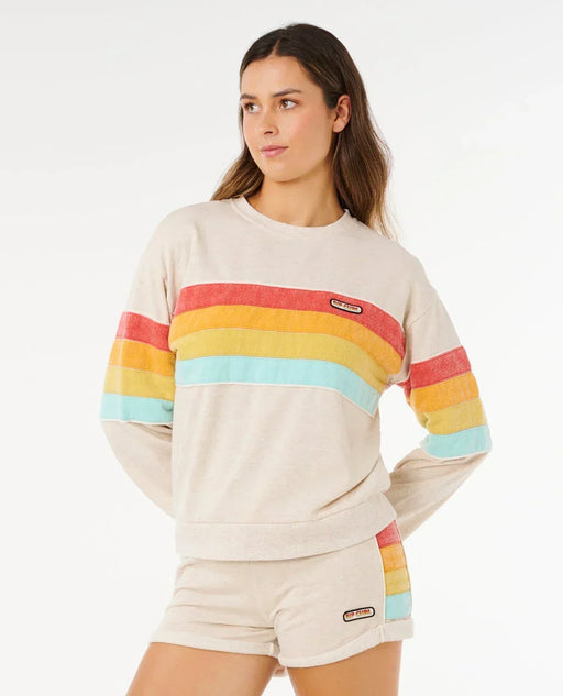 Rip Curl surf revival relaxed crew in oatmeal with rainbow stripes, women's surf clothing