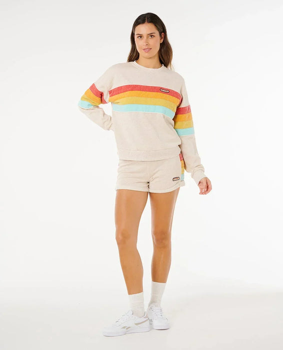 Rip Curl Surf Revival relaxed crew sweatshirt in oatmeal with rainbow stripes, women's surf clothing