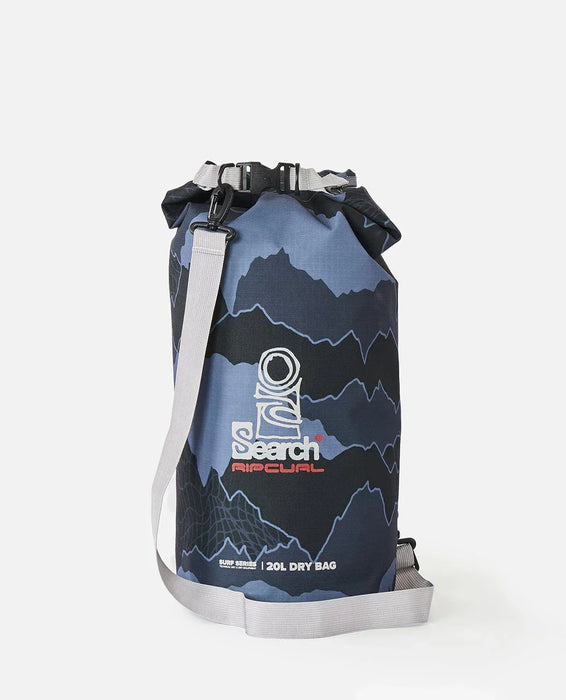 Rip Curl 20L Surf Series dry bag in grey with mountain graphic and adjustable strap