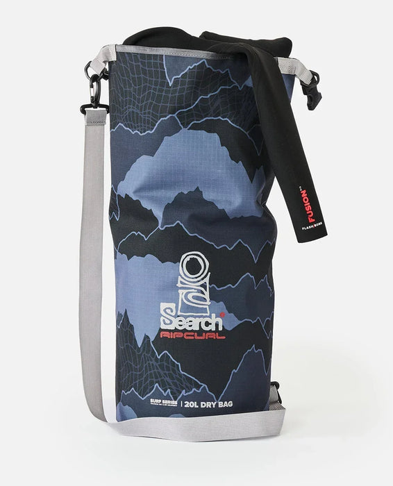 Rip Curl Surf Series 20L grey dry bag with mountain pattern and shoulder strap