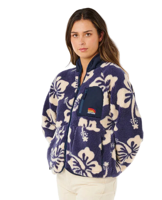 Rip Curl navy polar fleece jacket with cream floral print and logo chest pocket, surf clothing