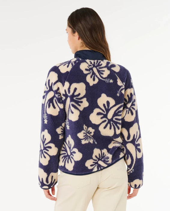 Rip Curl surfside polar fleece jacket in navy with beige floral print, back view