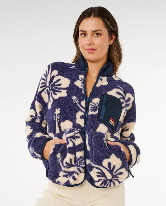 Rip Curl navy polar fleece jacket with cream floral print, women's surf clothing