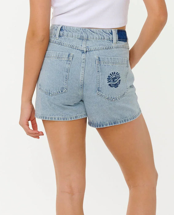 Rip Curl Tabby denim shorts in vintage blue, sun logo on back pocket, surf clothing