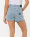 Rip Curl Tabby denim shorts in vintage blue, sun logo on back pocket, surf clothing