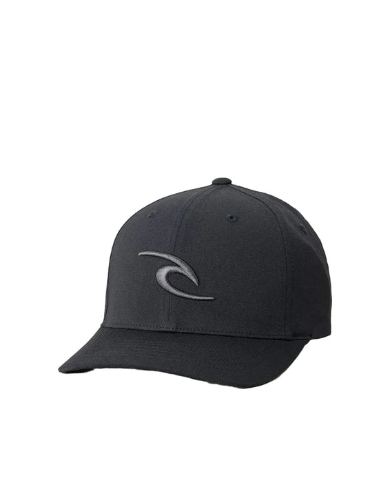 Rip Curl black Flexfit cap with embroidered wave logo, surf clothing accessory