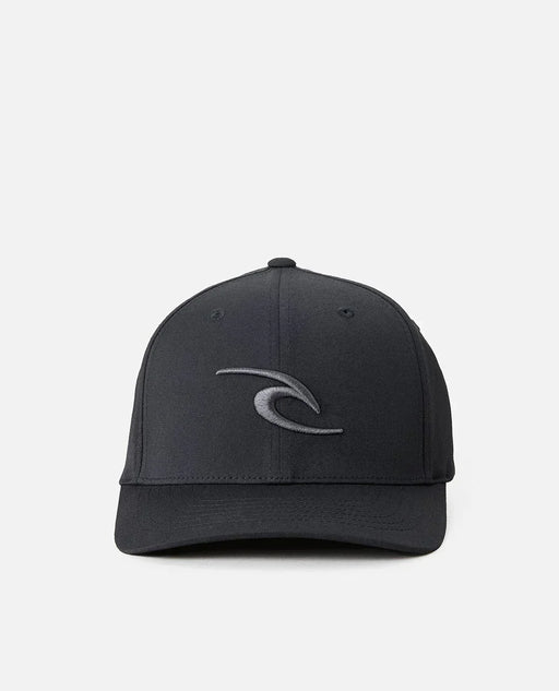 Rip Curl black Flexfit cap with curved visor and embroidered logo, surf clothing accessory