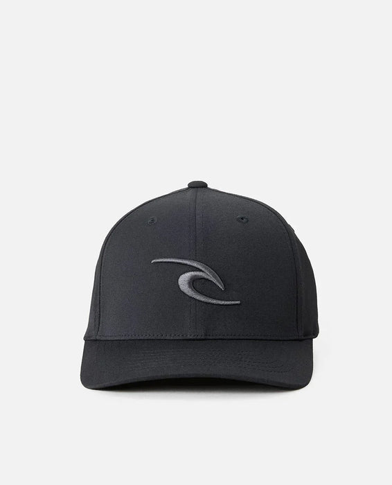 Rip Curl black Flexfit cap with curved visor and embroidered logo, surf clothing accessory