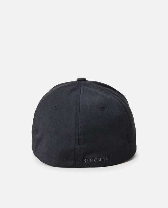 Rip Curl black Flexfit cap with subtle logo, surf clothing accessory, rear view