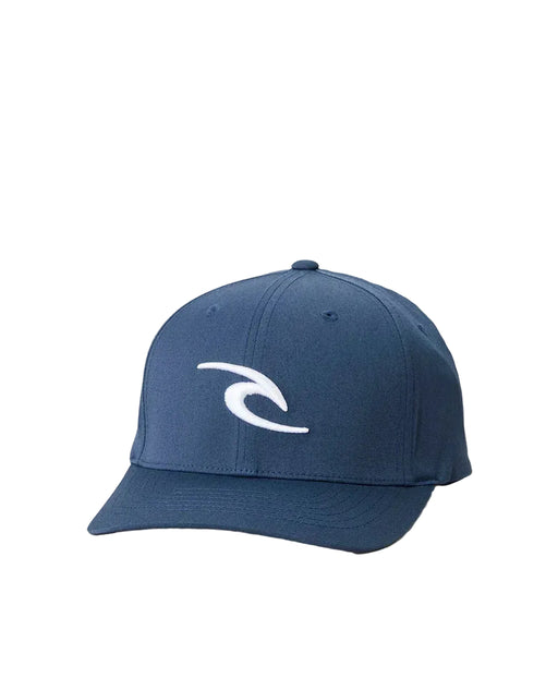 Rip Curl navy Flexfit cap with white wave logo, surf clothing accessory