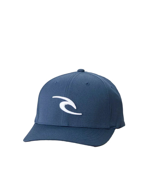Rip Curl navy Flexfit cap with white wave logo, surf clothing accessory