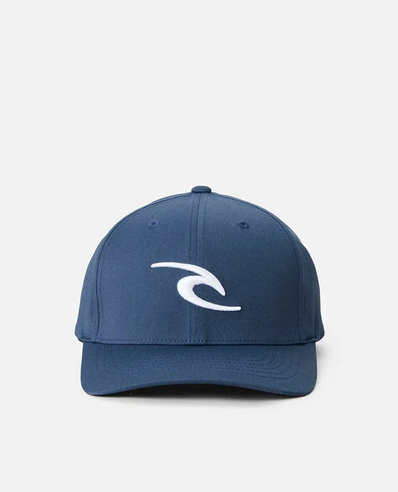 Rip Curl navy flexfit cap with white logo, surf clothing accessory for watersports