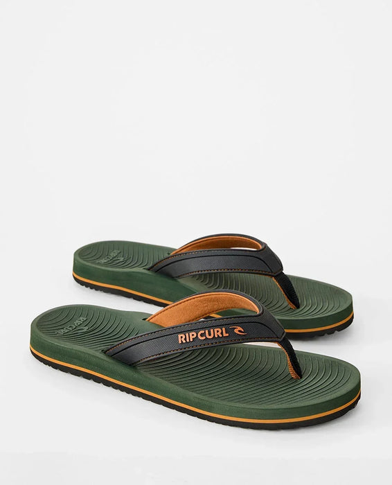 Rip Curl olive green open toe flip flops with black straps and orange logo