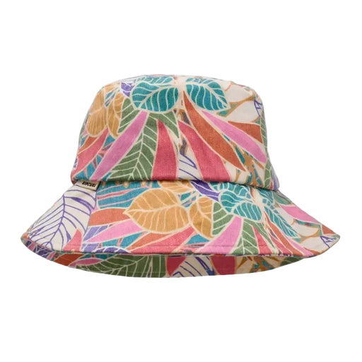 Rip Curl bucket sun hat with UPF protection, colorful leaf print, ideal for watersports.