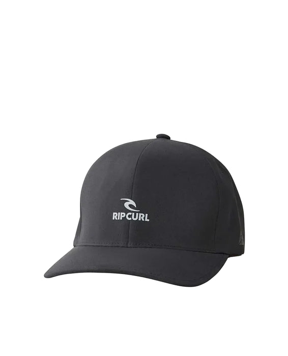 Rip Curl black Flexfit cap with white logo, surf clothing accessory for watersports