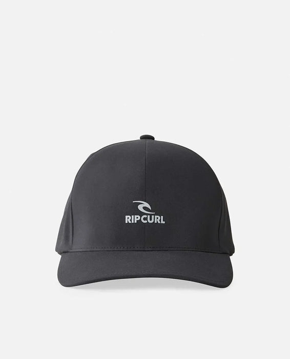 Rip Curl black Flexfit cap with logo, surf clothing accessory for watersports