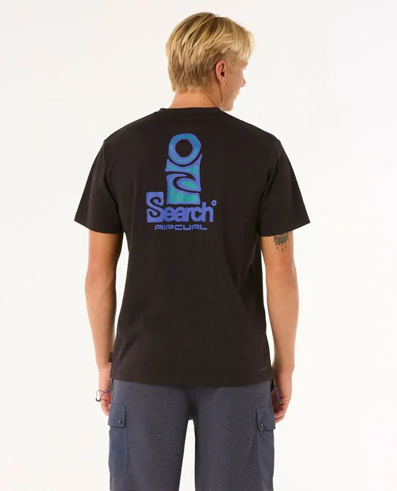 Rip Curl black surf tee with blue graphic logo, worn by male model, watersports clothing