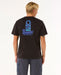 Rip Curl black surf tee with blue graphic logo, worn by male model, watersports clothing