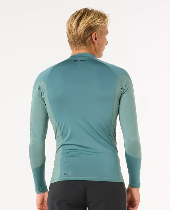 Rip Curl men's long sleeve blue rash vest for watersports, rear view