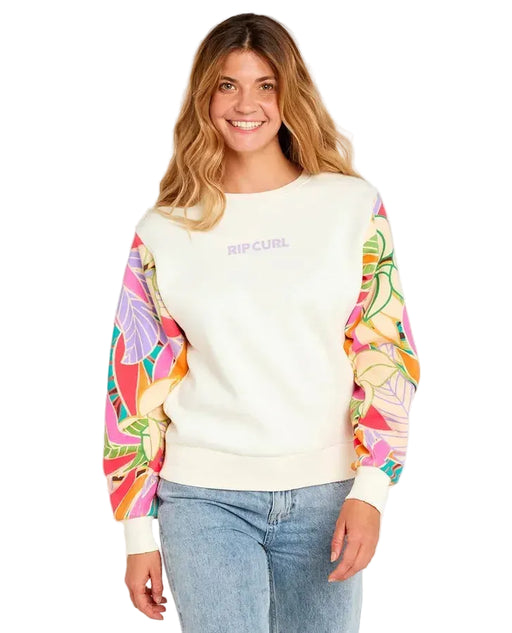 Rip Curl crew fleece sweatshirt with wavy print sleeves in cream and pastel colours