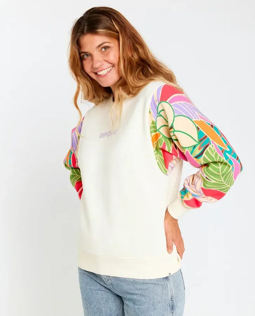 Rip Curl crew fleece sweatshirt with wavy multicolour print sleeves, casual surf clothing