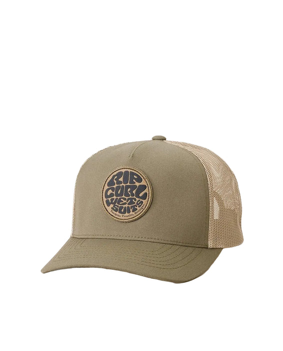 Rip Curl trucker cap in dusty olive with mesh back and circular logo patch