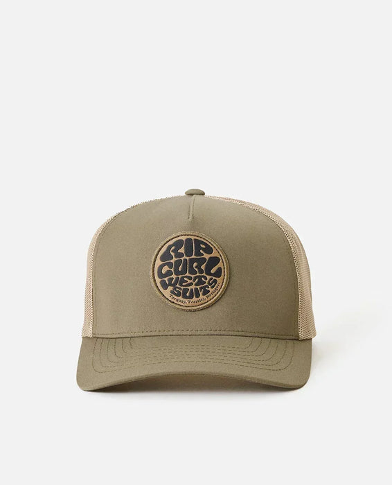 Rip Curl Wetsuit Icon trucker cap in dusty olive, mesh back, round logo patch front