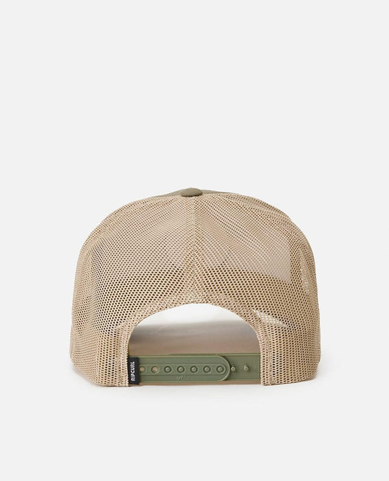 Rip Curl trucker cap in dusty olive with mesh back and adjustable snap closure, rear view.