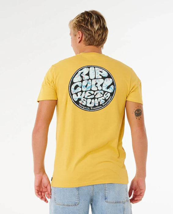 Rip Curl ochre surf t-shirt with bold back logo, worn by male model in denim shorts
