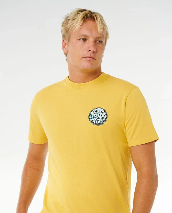 Rip Curl ochre short sleeve surf tee with round logo chest print, surf clothing