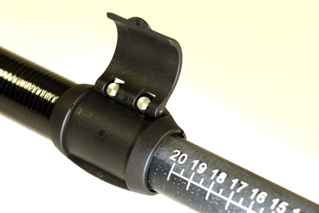 Adjustable SUP paddle shaft with black locking clamp and measurement markers