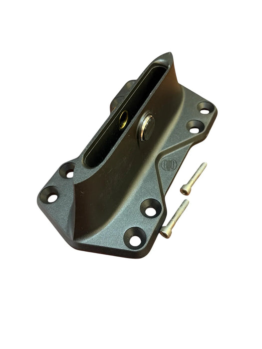 Sabfoil black alloy mast plate for wing foil with mounting bolts, top view.