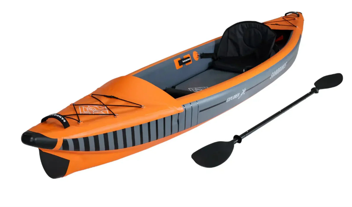 Sandbanks Explorer orange single seater inflatable kayak with paddle, black seat