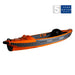 Sandbanks Explorer single seater inflatable kayak in orange and grey with backrest