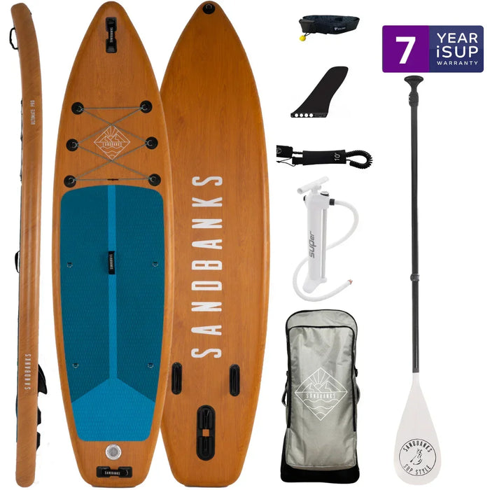 Sandbanks inflatable paddleboard package with paddle, pump, fin, leash, and carry bag