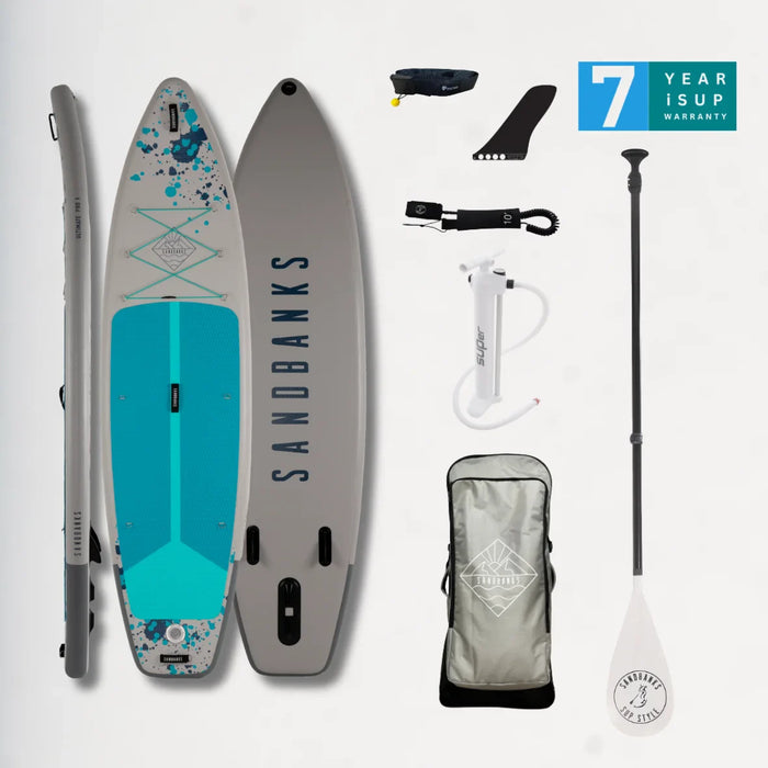 Sandbanks Pro X Turquoise 10'6 inflatable paddle board package with paddle, pump, backpack, fin and coiled leash