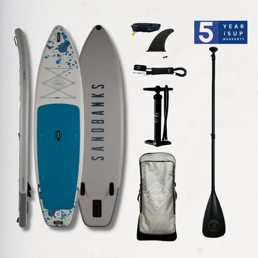 Sandbanks Ultimate Blue 10'6 inflatable paddle board package with paddle, pump, fin, leash and rucksack